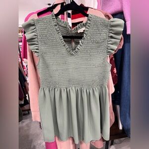 Green Smocked Ruffle Top